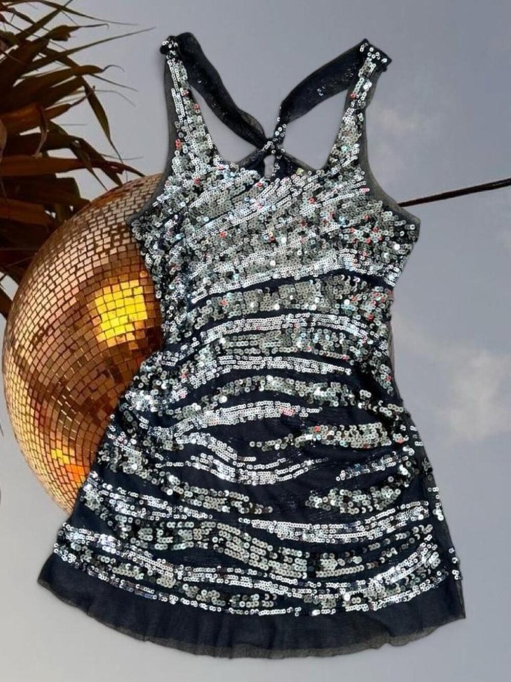 Vintage Y2K Wildcat grey & silver bedazzled sparkle club mini dress / slip tank